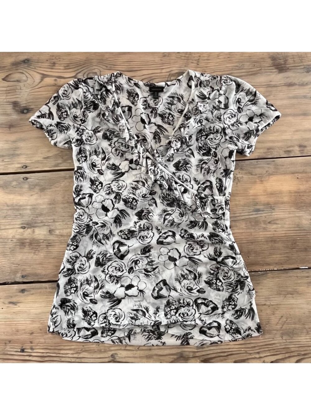 Madison V-Neck Wrap Blouse Womens S White Black Floral Mesh With Ruffle Detail